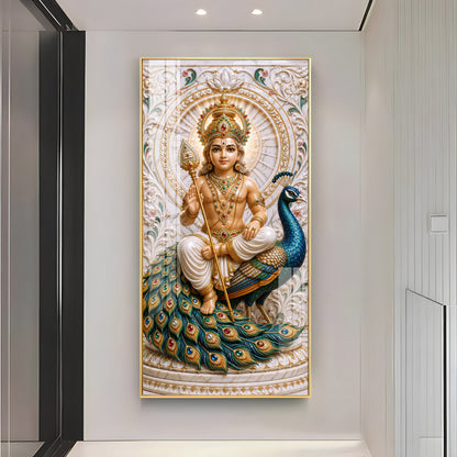 Holy Murugan With Peacock Premium Acrylic Vertical Wall Art
