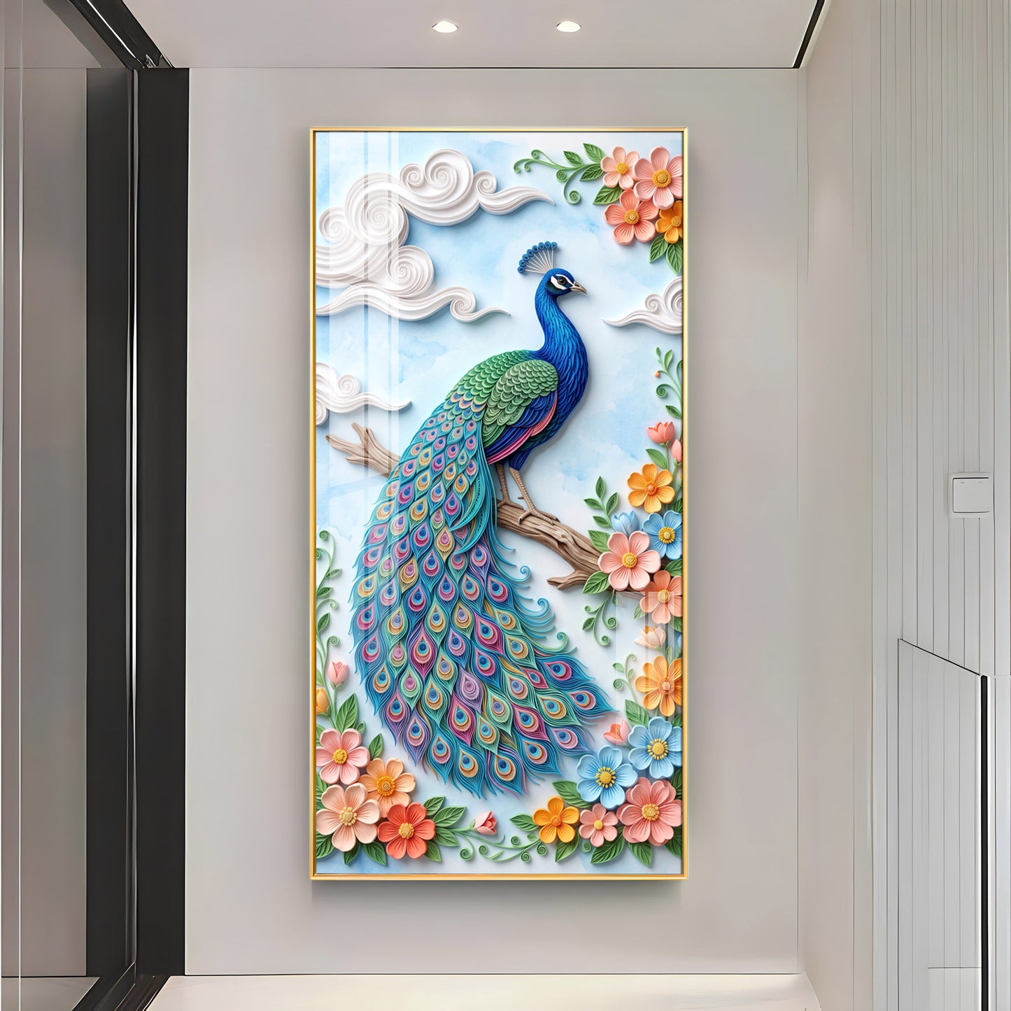 Elegant Pastel Floral Quilling Style Peacock Premium Acrylic Vertical Wall Art