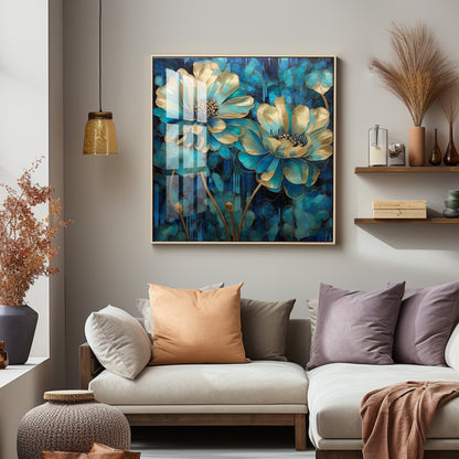 Flowers With Gold & Blue Leaves Premium Acrylic Square Wall Art