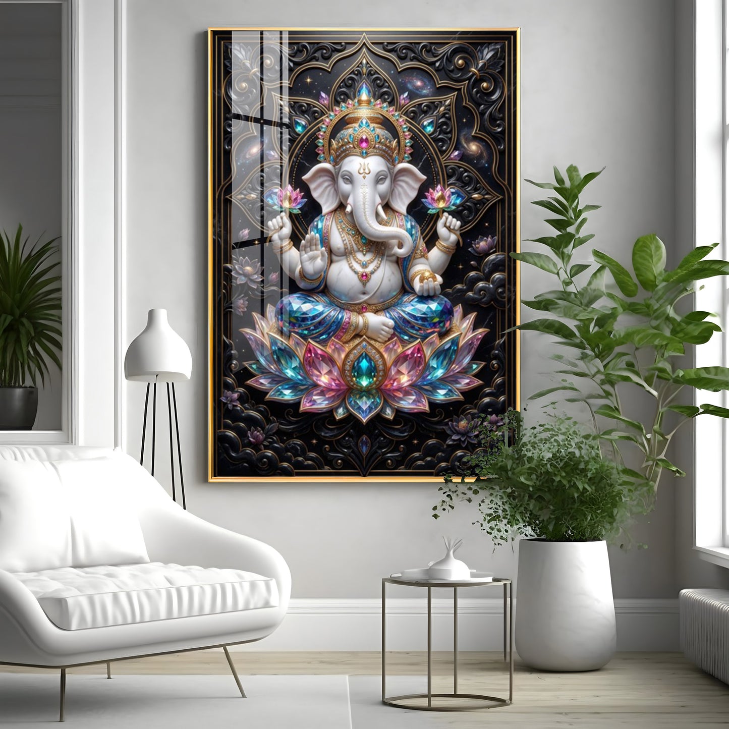 Lord Ganesha Seated On A Lotus Throne Premium Acrylic Vertical Wall Art