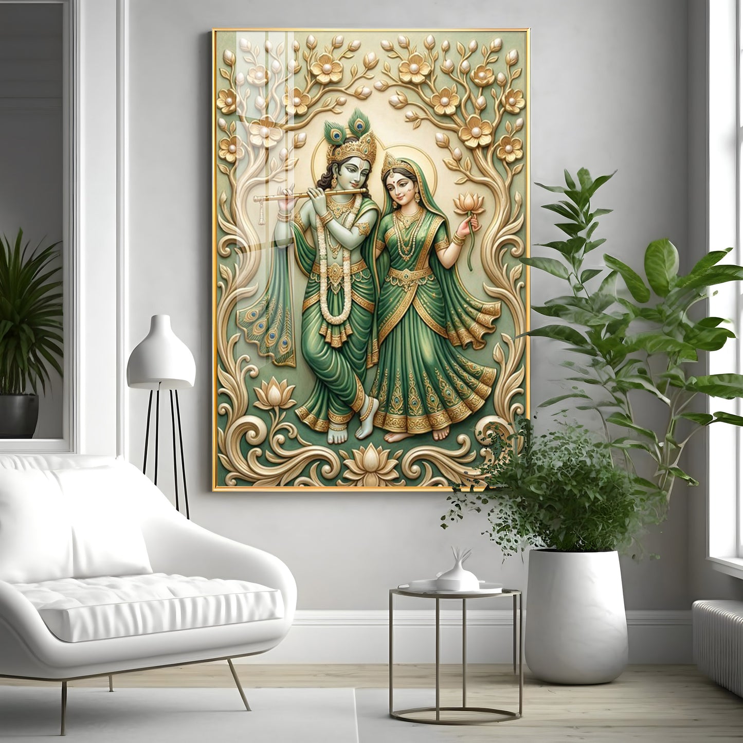 Radha Krishna With Green Background Premium Acrylic Vertical Wall Art
