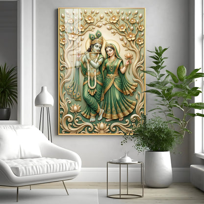 Radha Krishna With Green Background Premium Acrylic Vertical Wall Art