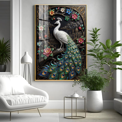 Peacock With Flowers Premium Acrylic Vertical Wall Art