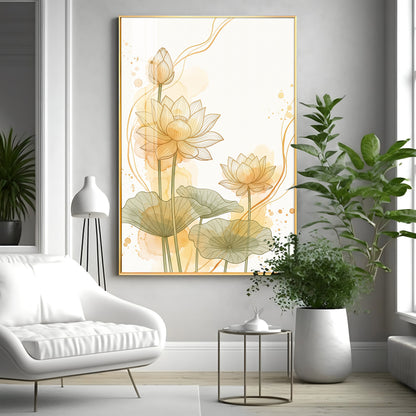 Golden Lotus Line Art Premium Acrylic Vertical Wall Art