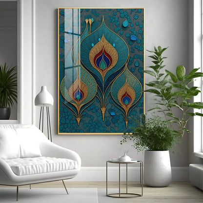Three Ornate Peacock Feather Premium Acrylic Vertical Wall Art