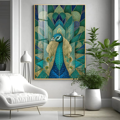 Elegant Teal Peacock Premium Acrylic Vertical Wall Art