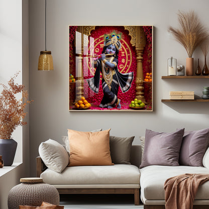 Bal Krishna Playing A Flute Premium Acrylic Square Wall Art