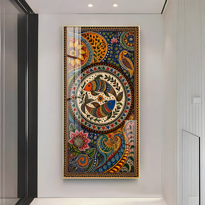 Traditional Folk Art Dual Fish & Floral Mandala Premium Acrylic Vertical Wall Art