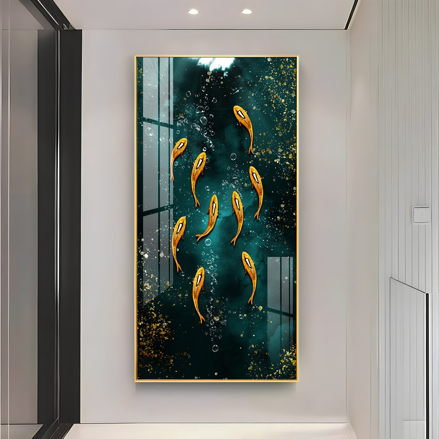 Golden Koi Fishes in Greenery Premium Acrylic Vertical Wall Art
