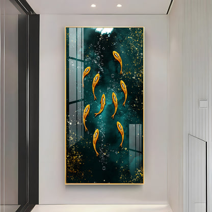 Golden Koi Fishes in Greenery Premium Acrylic Vertical Wall Art