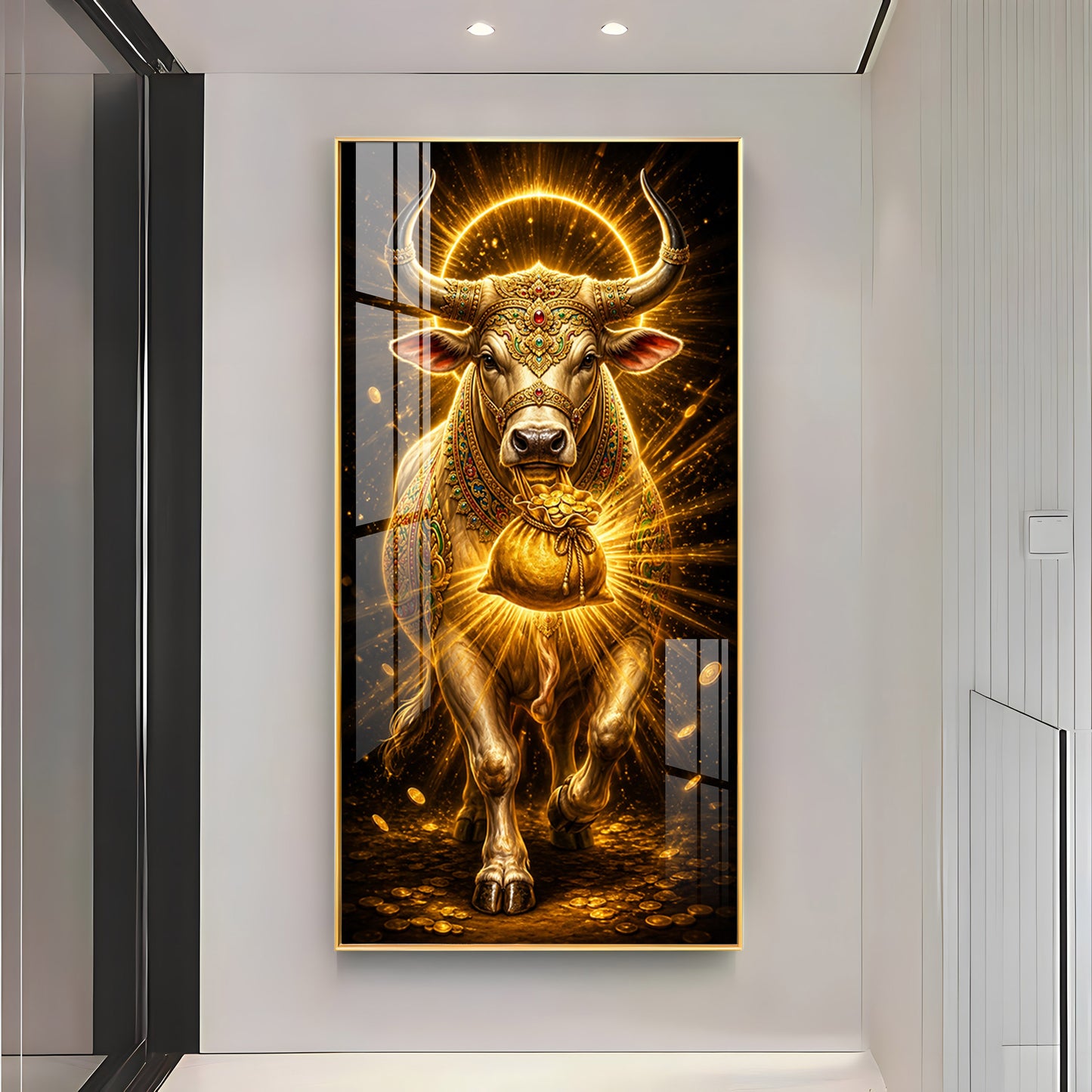 Golden Bull With Bag Of Wealth Premium Acrylic Vertical Wall Art