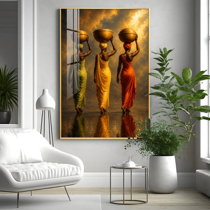 Rural Women Carrying Water Premium Acrylic Vertical Wall Art