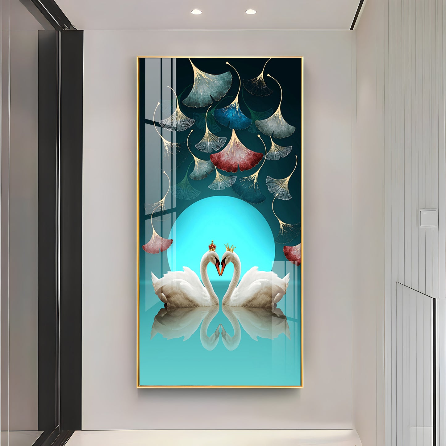Couple Swan With Ginkgo Leaves Premium Acrylic Vertical Wall Art