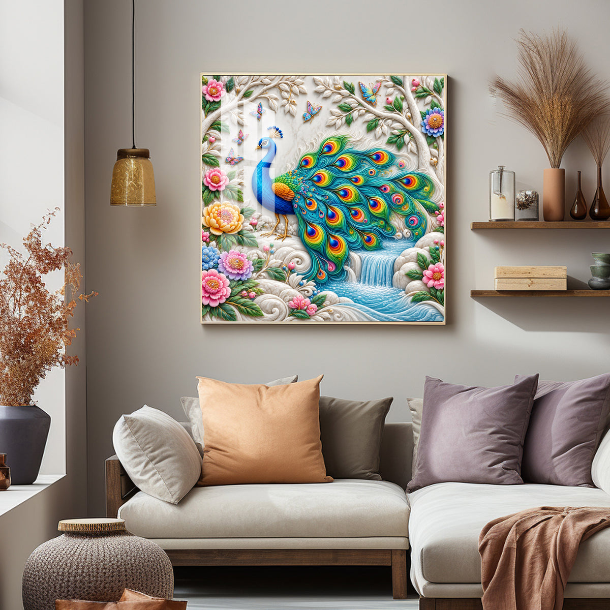 Peacock With Nature Premium Acrylic Square Wall Art