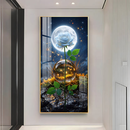 Luminous White Rose with Full Moon Premium Acrylic Vertical Wall Art