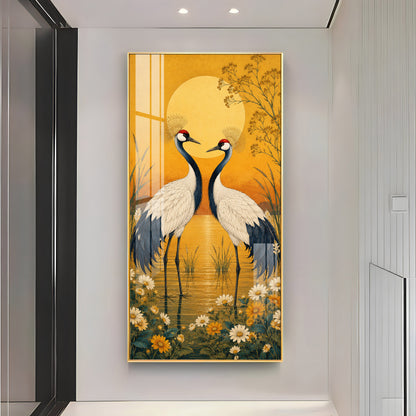 Golden Sunset Crane Birds Premium Acrylic Vertical Wall Art