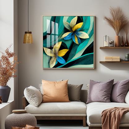 Teal and Yellow Abstract Flower Premium Acrylic Square Wall Art
