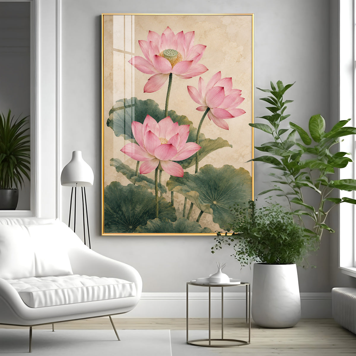 Elegant Vintage Botanical Pink Lotus Premium Acrylic Vertical Wall Art