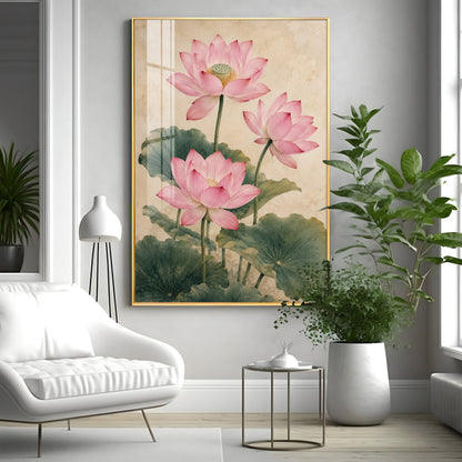 Elegant Vintage Botanical Pink Lotus Premium Acrylic Vertical Wall Art
