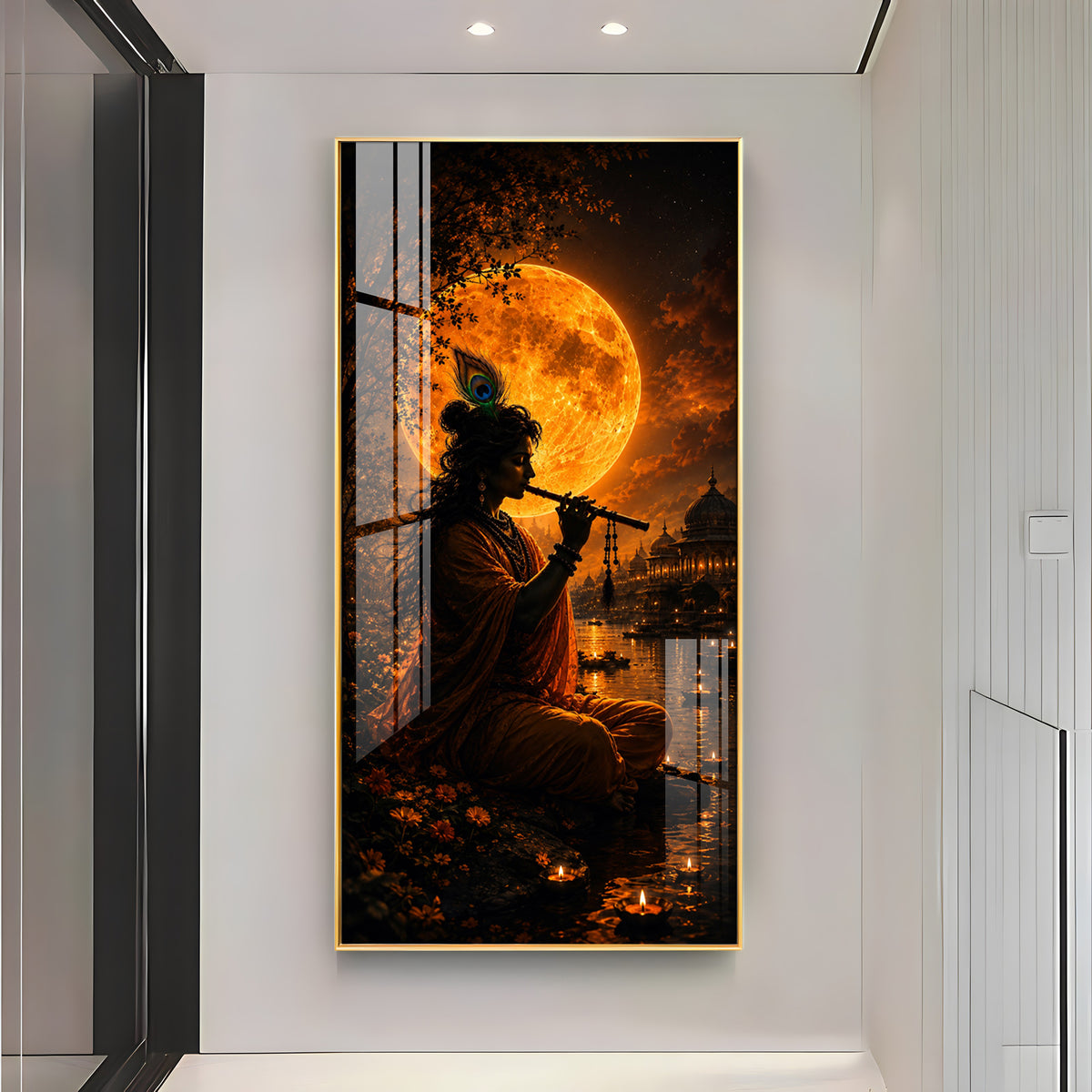 Lord Krishna Under Golden Full Moon Premium Acrylic Vertical Wall Art