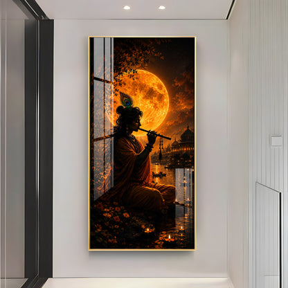 Lord Krishna Under Golden Full Moon Premium Acrylic Vertical Wall Art