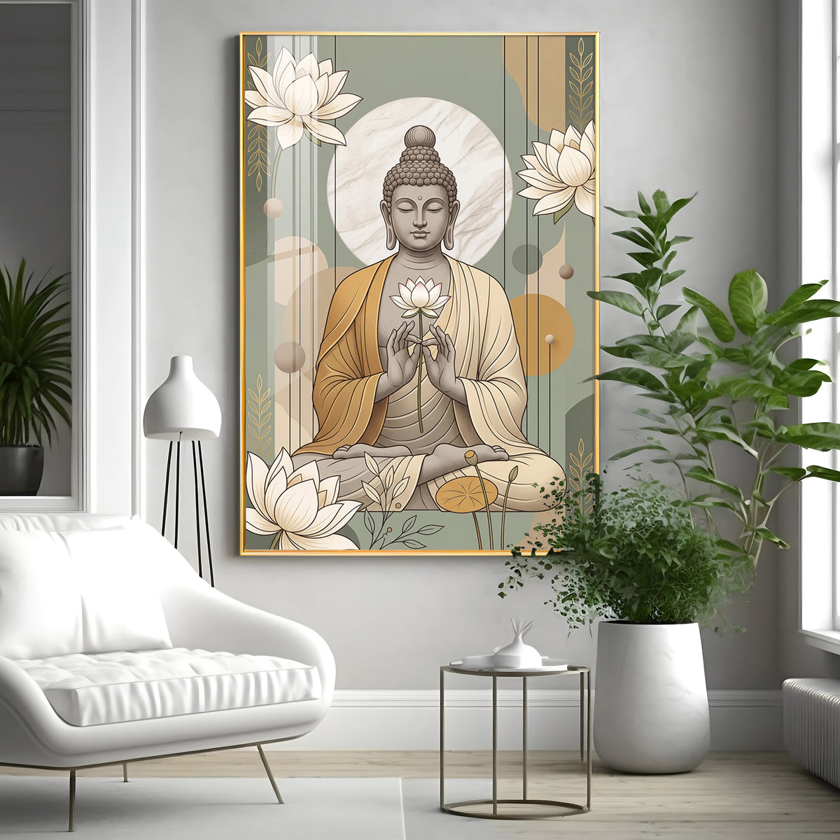 Meditating Buddha & White Lotus Premium Acrylic Vertical Wall Art