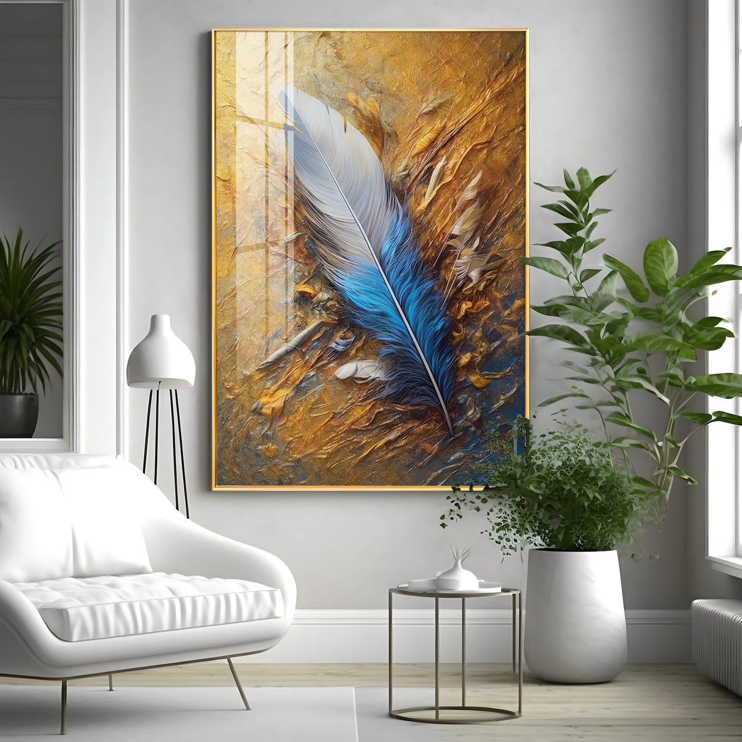 White & Blue Grace Of Leaf Premium Acrylic Vertical Wall Art