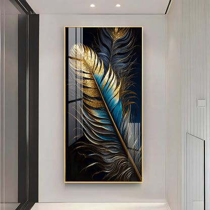 Luxurious Golden & Blue Feathers Premium Acrylic Vertical Wall Art