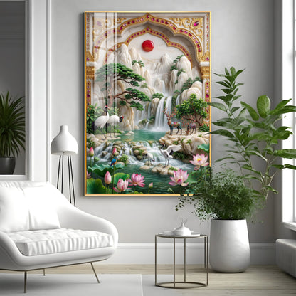 Sunrise Mountains Waterfall Premium Acrylic Vertical Wall Art