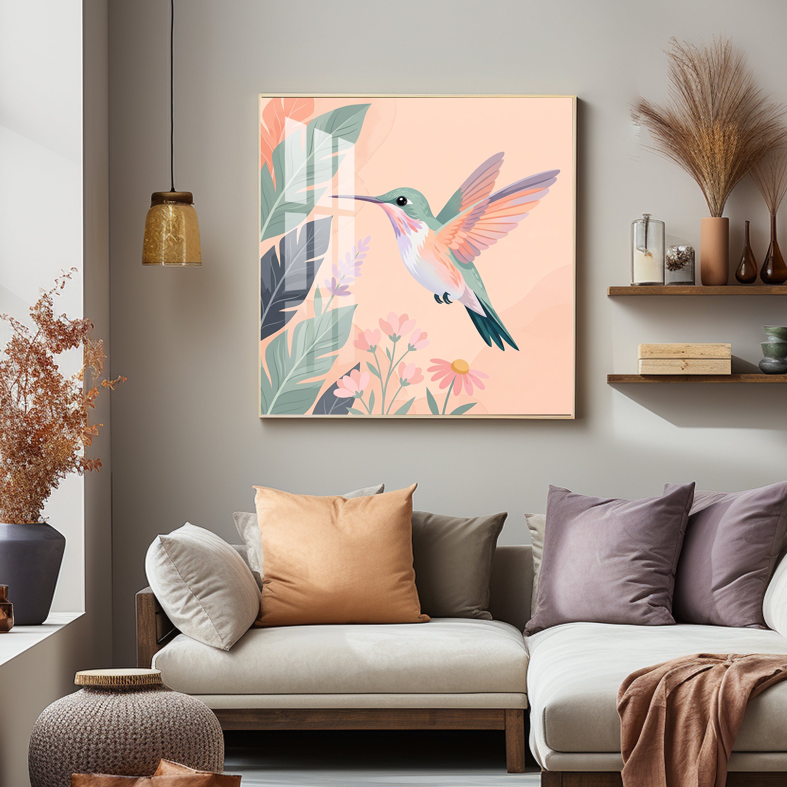 Hummingbird In Flight & Flowers Premium Acrylic Square Wall Art