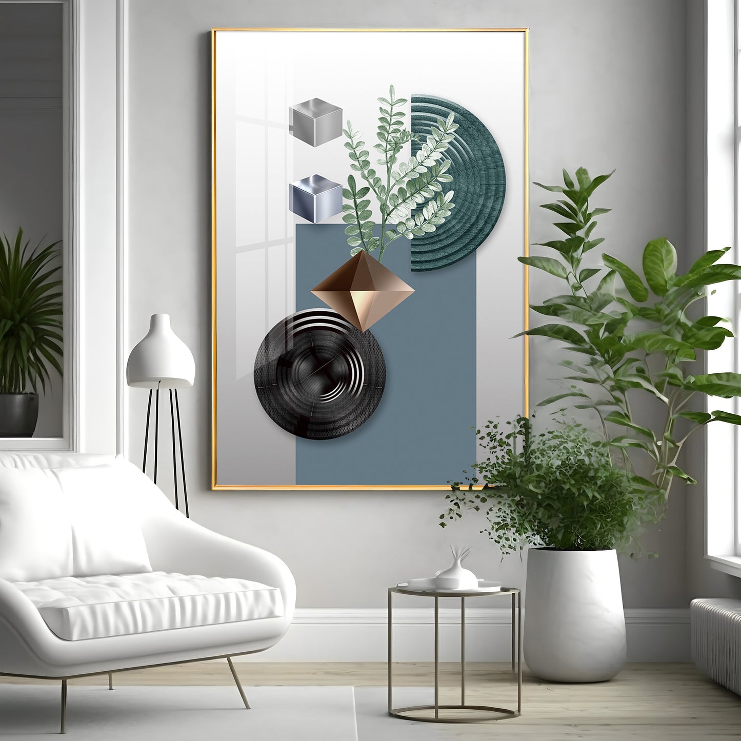 Geometric Art With Leafs Premium Acrylic Vertical Wall Art