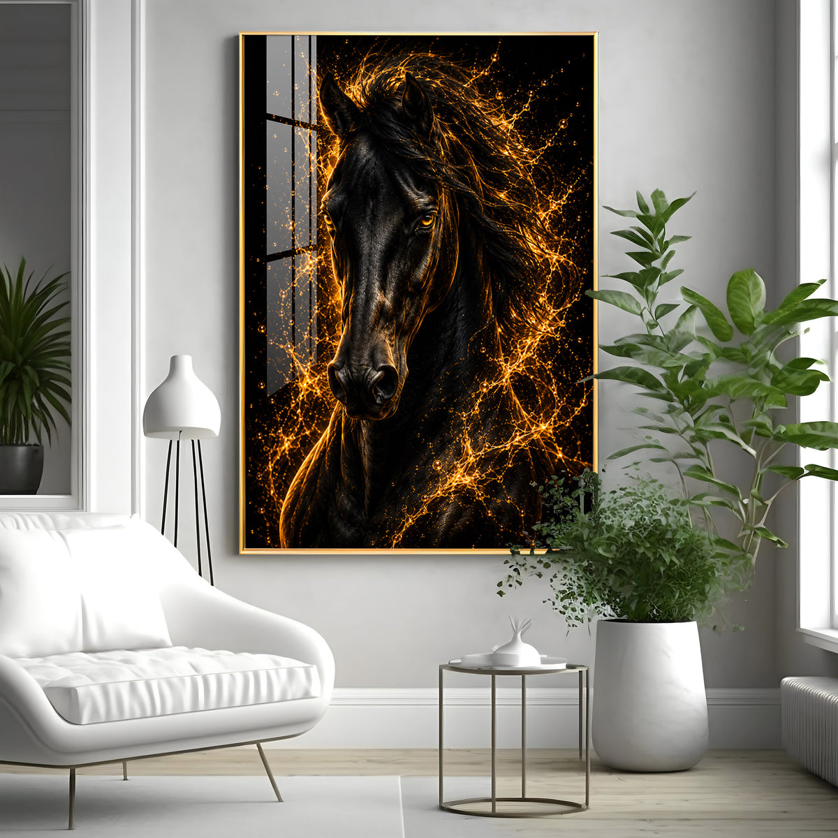 Fiery Golden Black Stallion Premium Acrylic Vertical Wall Art