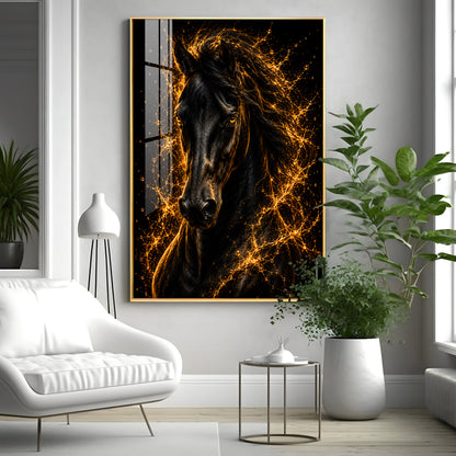 Fiery Golden Black Stallion Premium Acrylic Vertical Wall Art