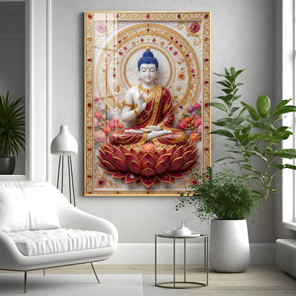 Divine Serenity Buddha On Red Lotus Premium Acrylic Vertical Wall Art