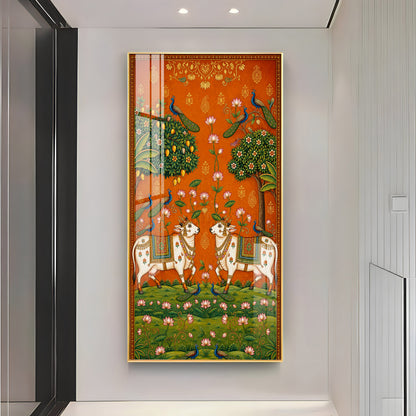 Traditional Pichwai Sacred Cows & Peacocks Premium Acrylic Vertical Wall Art
