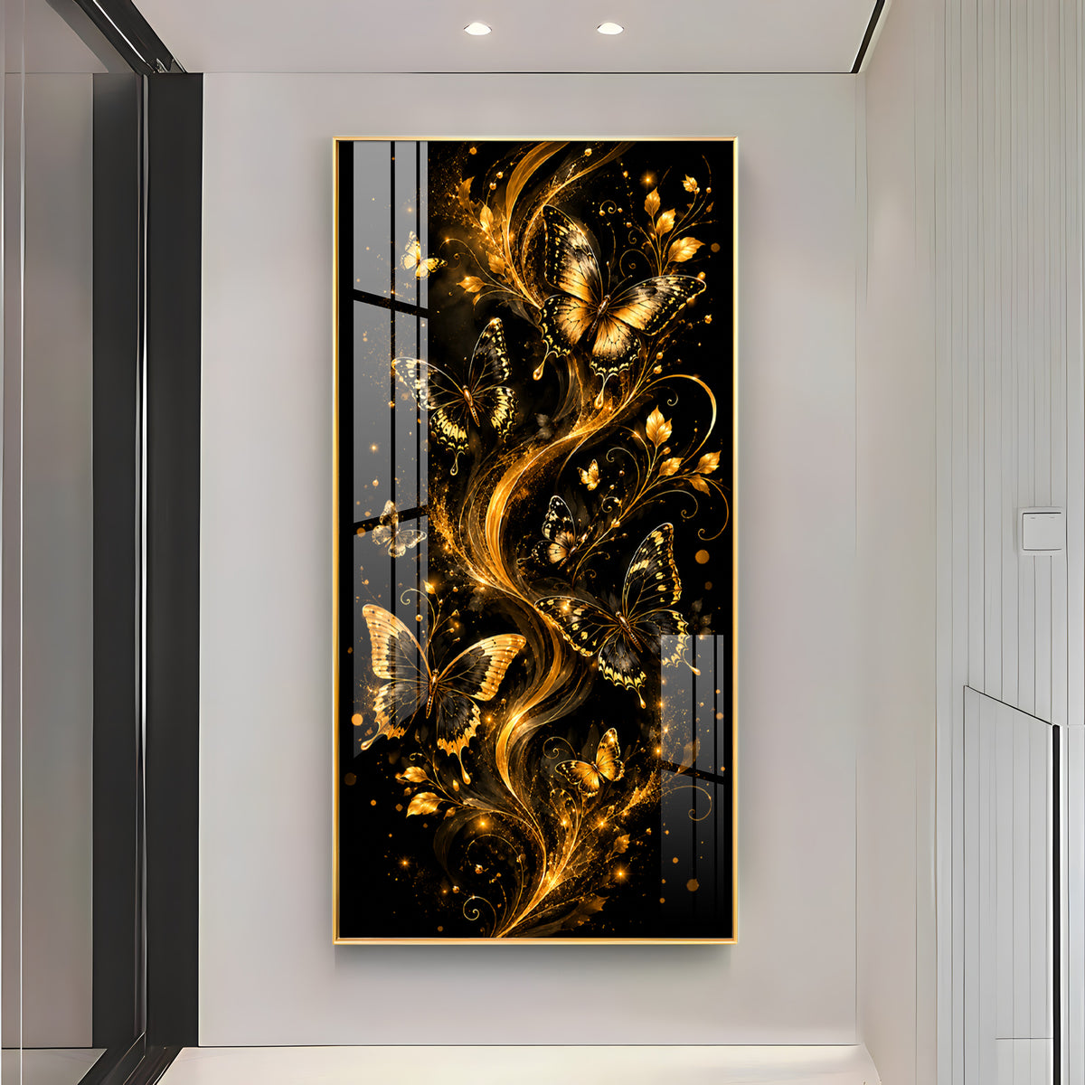 Graceful Golden Butterflies & Floral Swirls Premium Acrylic Vertical Wall Art