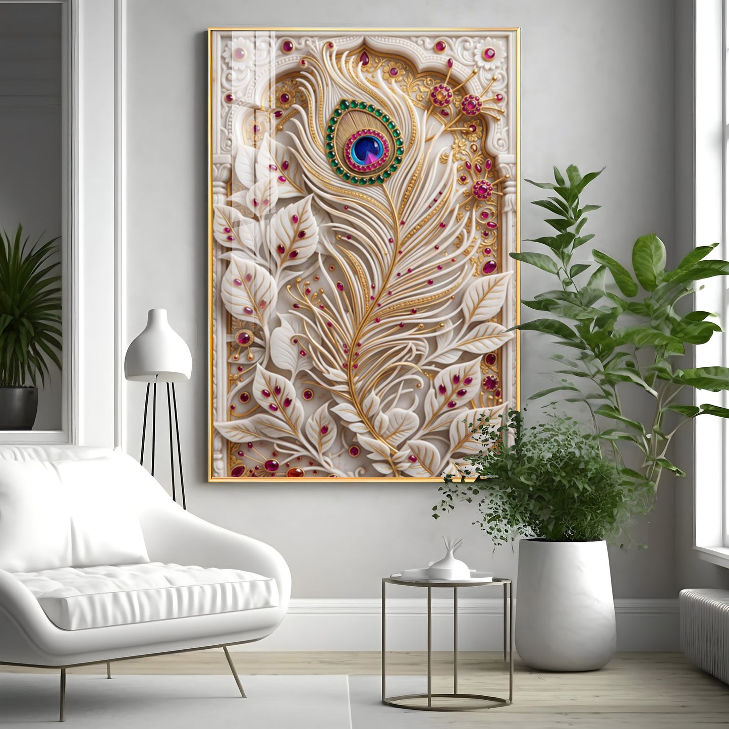 White Peacock Feather Premium Acrylic Vertical Wall Art