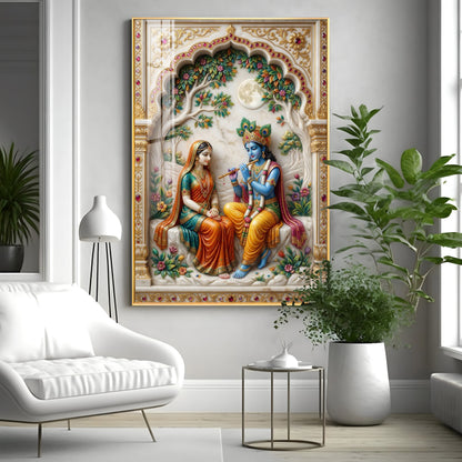 Depiction Of Krishna With Radha Premium Acrylic Vertical Wall Art