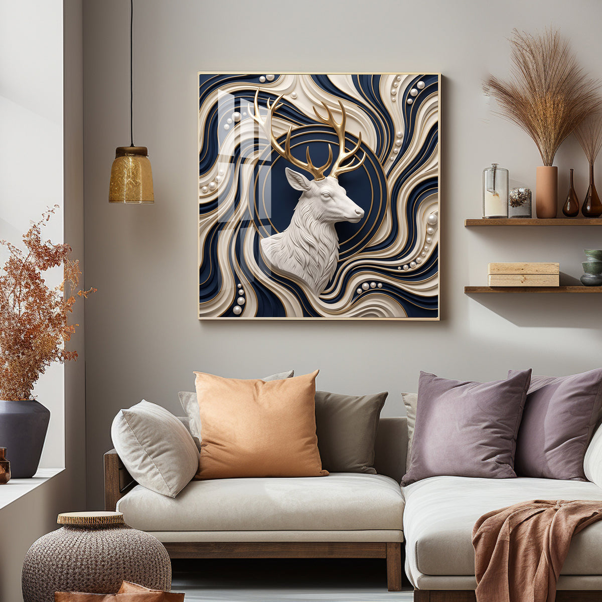White Stag With Golden Antlers Luxury 3D Premium Acrylic Sqaure Wall Art