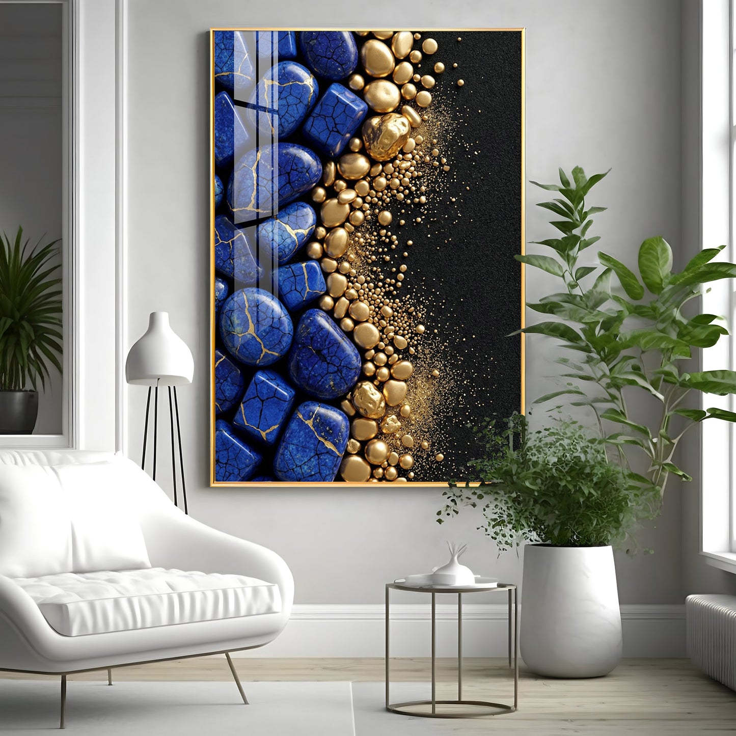 Royal Blue Stones & Gold Pebble Premium Acrylic Vertical Wall Art