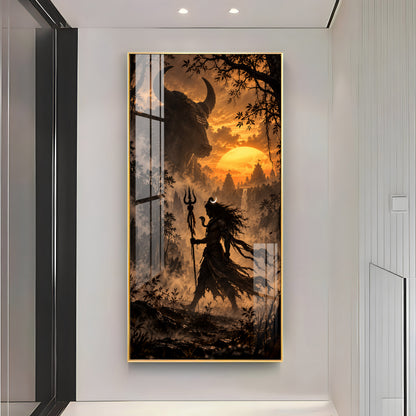 Shiva Walking in Sunset With Nandi Premium Acrylic Vertical Wall Art