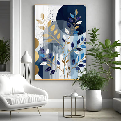 Colourfull Leaves Against Blue & Gold Circles Premium Acrylic Vertical Wall Art
