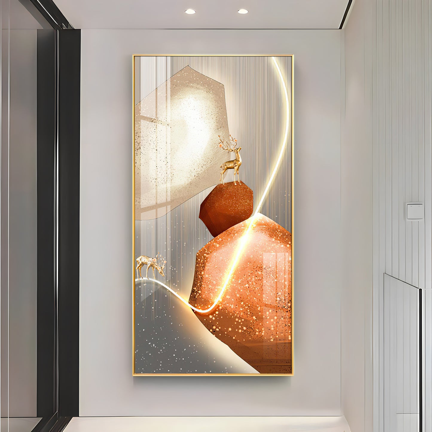 Golden Deer With Orange Rock Premium Acrylic Vertical Wall Art