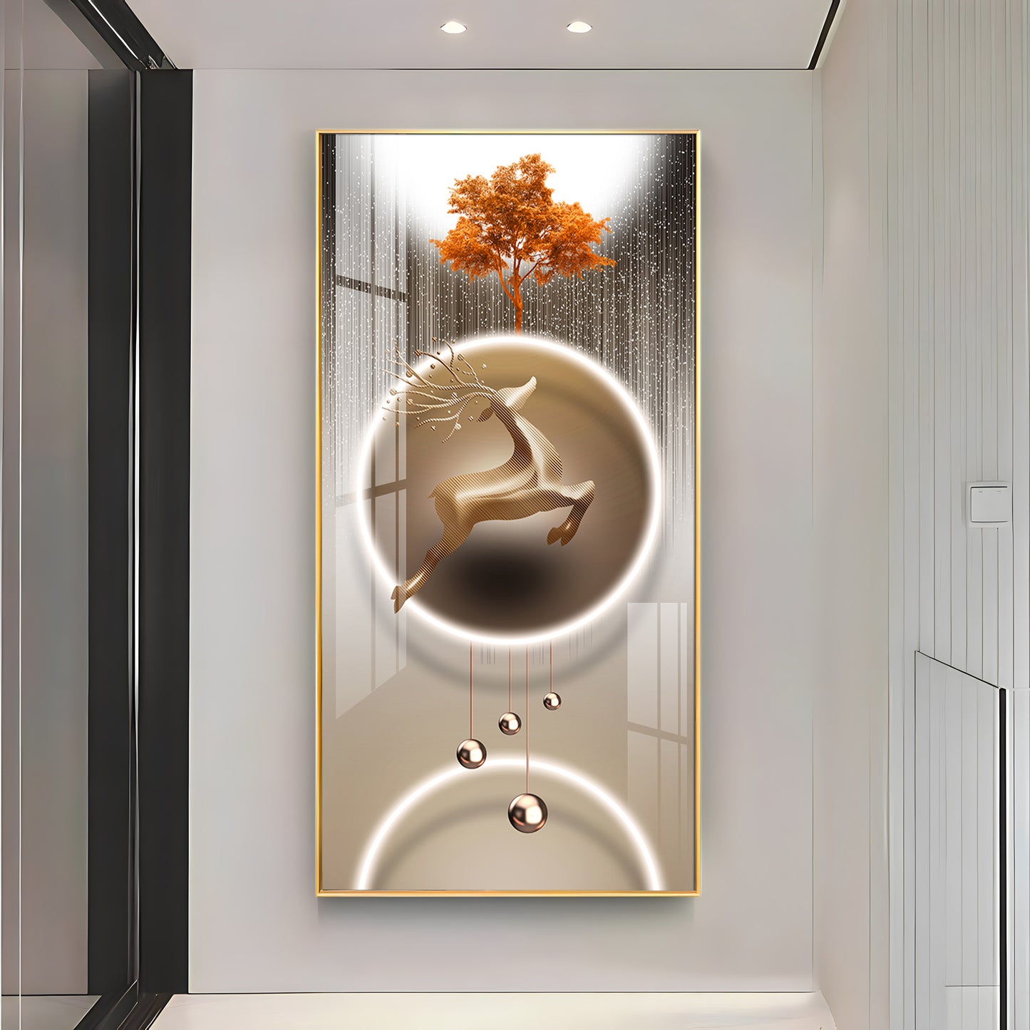 Golden Deer With Orange Tree Premium Acrylic Vertical Wall Art