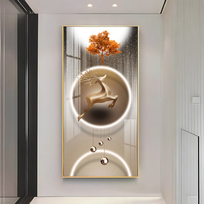 Golden Deer With Orange Tree Premium Acrylic Vertical Wall Art