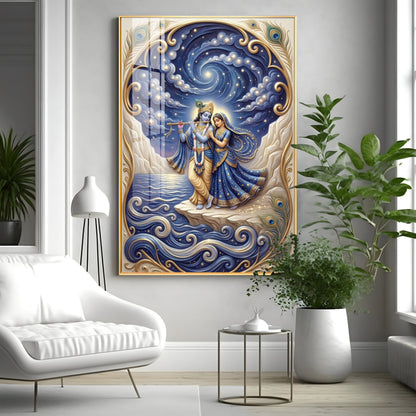Radha Krishna Moonlit Dance Premium Acrylic Vertical Wall Art