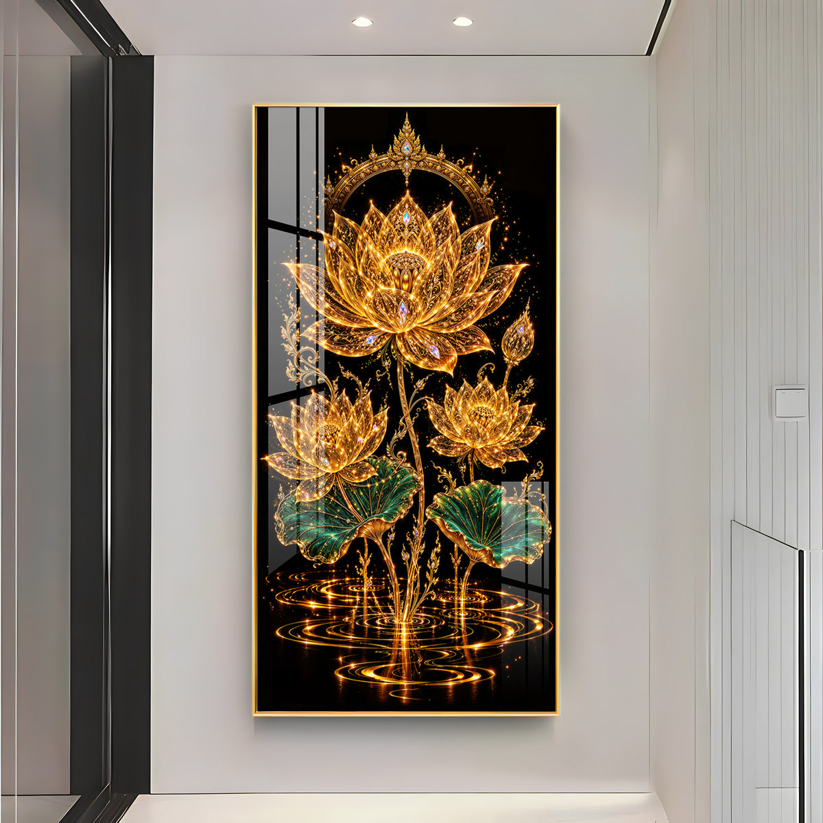 Sacred Golden Lotus Bloom Premium Acrylic Vertical Wall Art