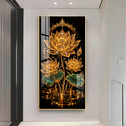 Sacred Golden Lotus Bloom Premium Acrylic Vertical Wall Art