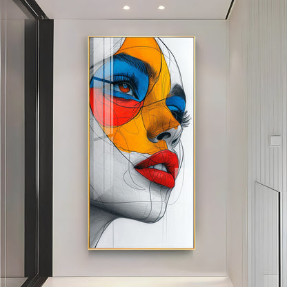 Vibrant Geometric Mask Girl Premium Acrylic Vertical Wall Art