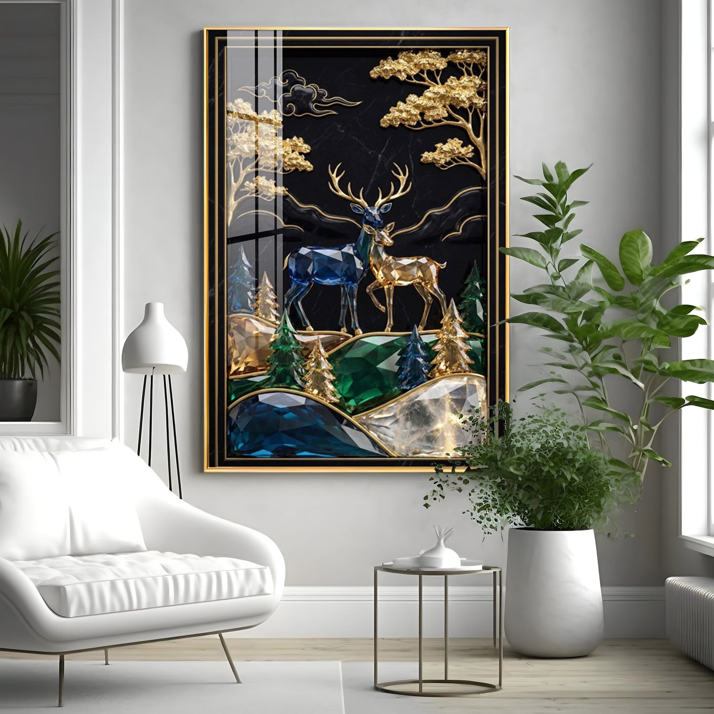 Pair Of Golden & Blue Deer Premium Acrylic Vertical Wall Art